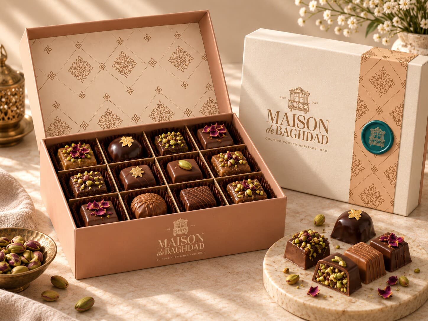 Filled chocolates topped with pistachio and rose petals in a Maison de Baghdad box