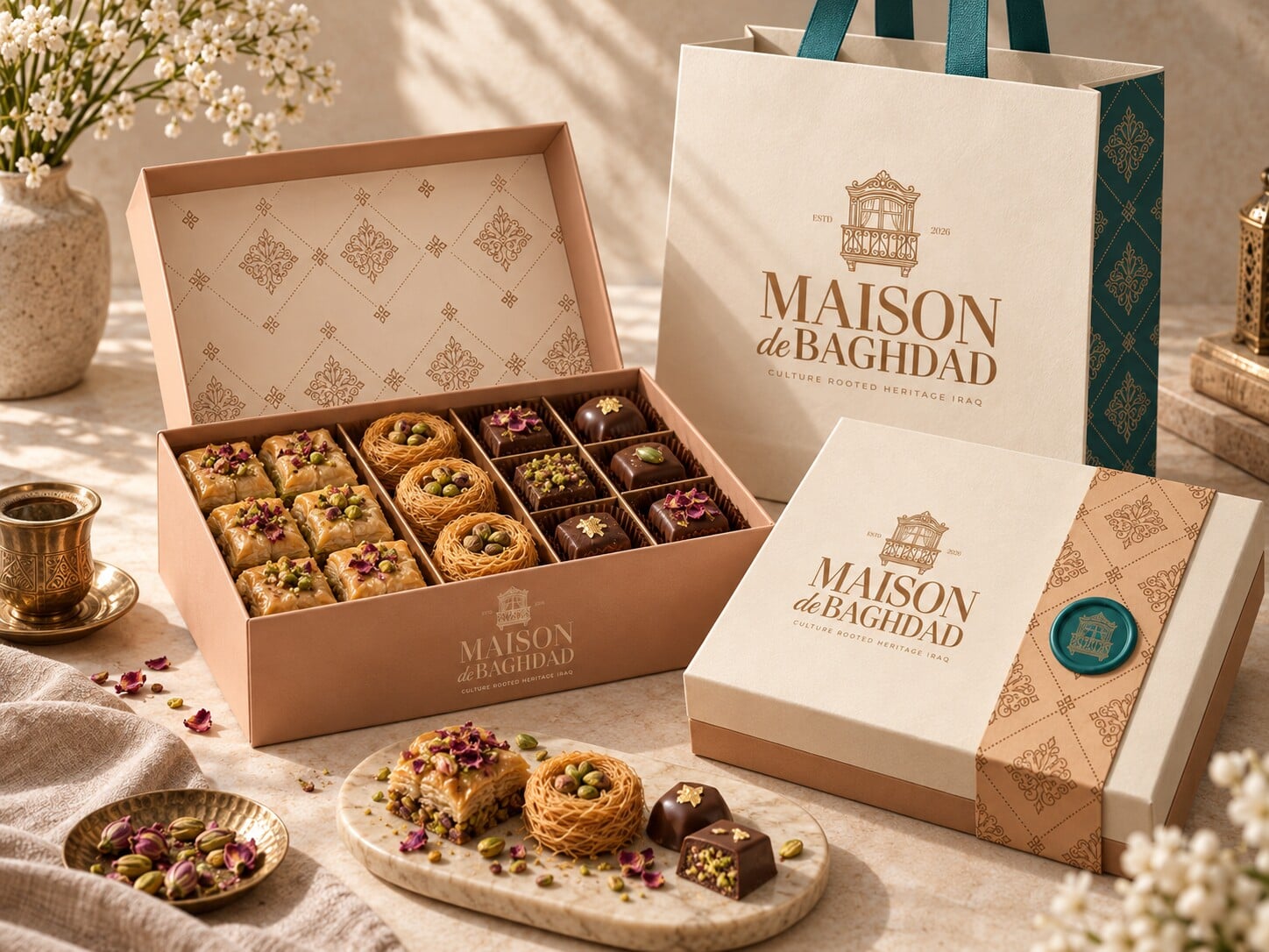 An open box of baklava, nests and chocolates beside a Maison de Baghdad shopping bag